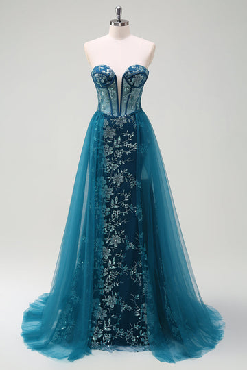 Sparkly Peacock Blue Mermaid Corsetto senza spalline Abito da ballo lungo con fessura